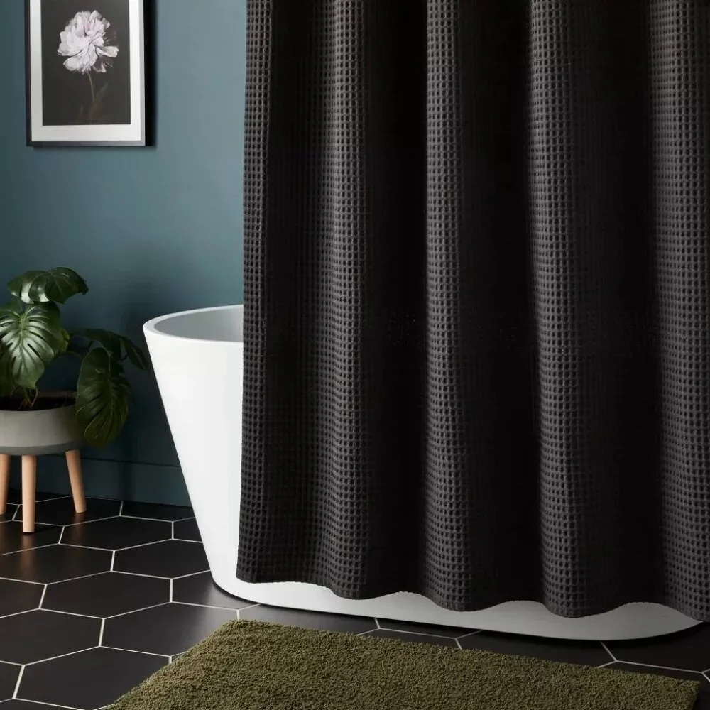 Threshold Waffle Weave Black Cotton Blend Grommet Shower Curtain 72